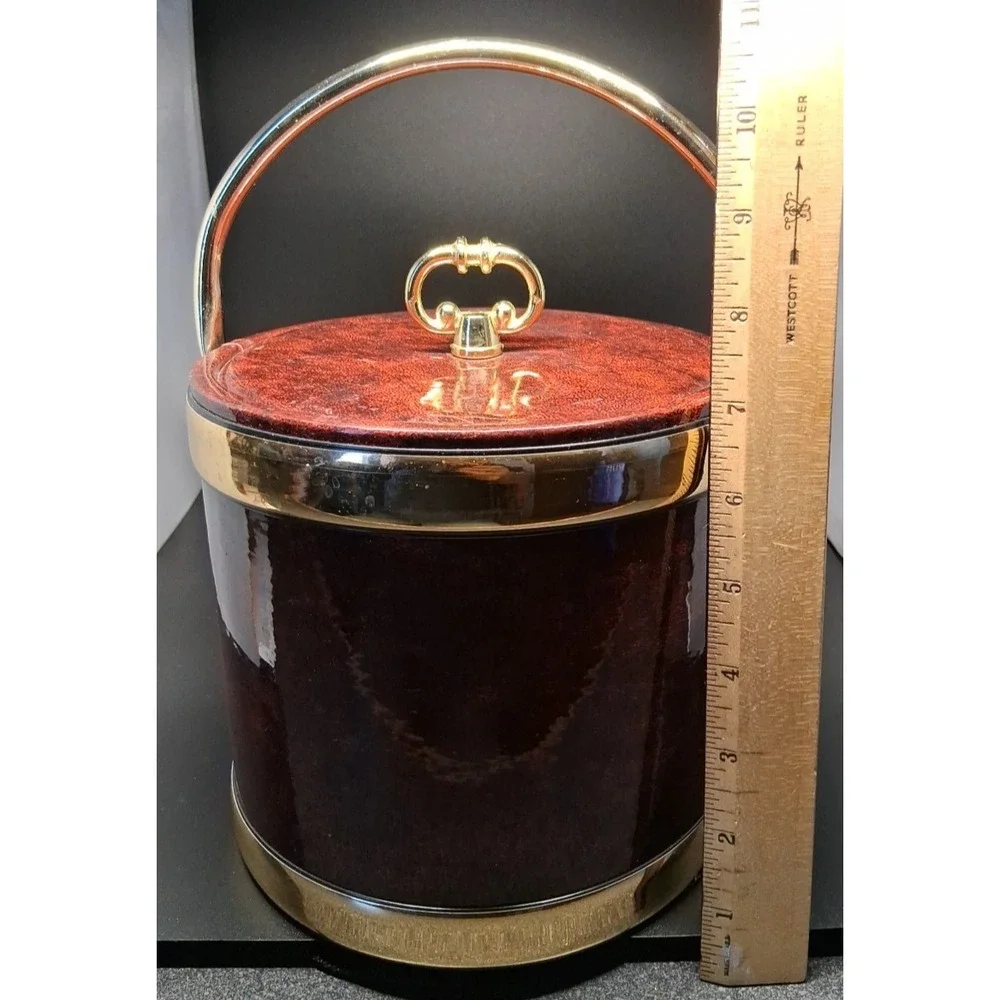 VTG Kraftware MCM Faux Tortoise Brown Marble Ice Bucket Lid Handle w/Tray USA 